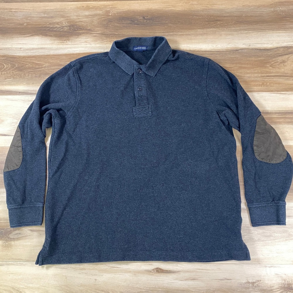 Lands End Mens XL Long Sleeve Polo Shirt Gray Cotton Elbow Patches 46-48
